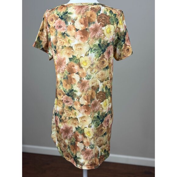 NEW LuLaRoe Womens Knit Tunic Top S Short Sleeve Brown Yellow Floral Scoop Neck - Picture 2 of 8